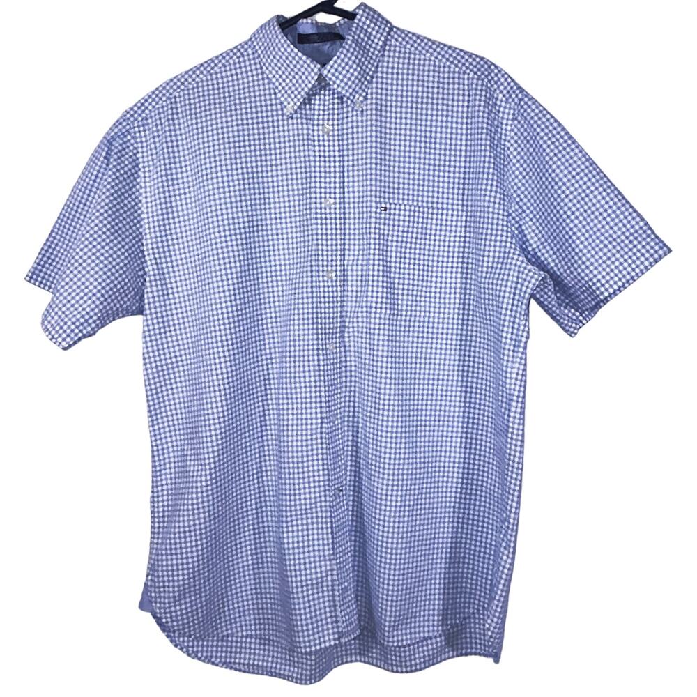 Tommy Hilfiger Men's Large Blue & White Checkered Short Sleeve Button Down Shirt